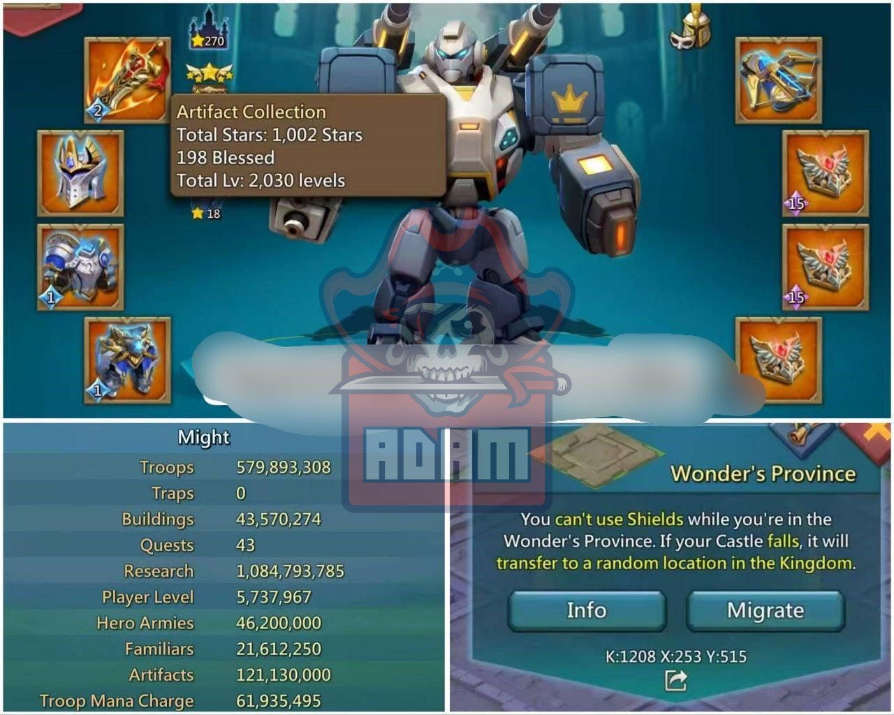 5x Emperror Pieces | 831% 811% 806% Base Stats | Can go to K1208 | 270 Castle Stars